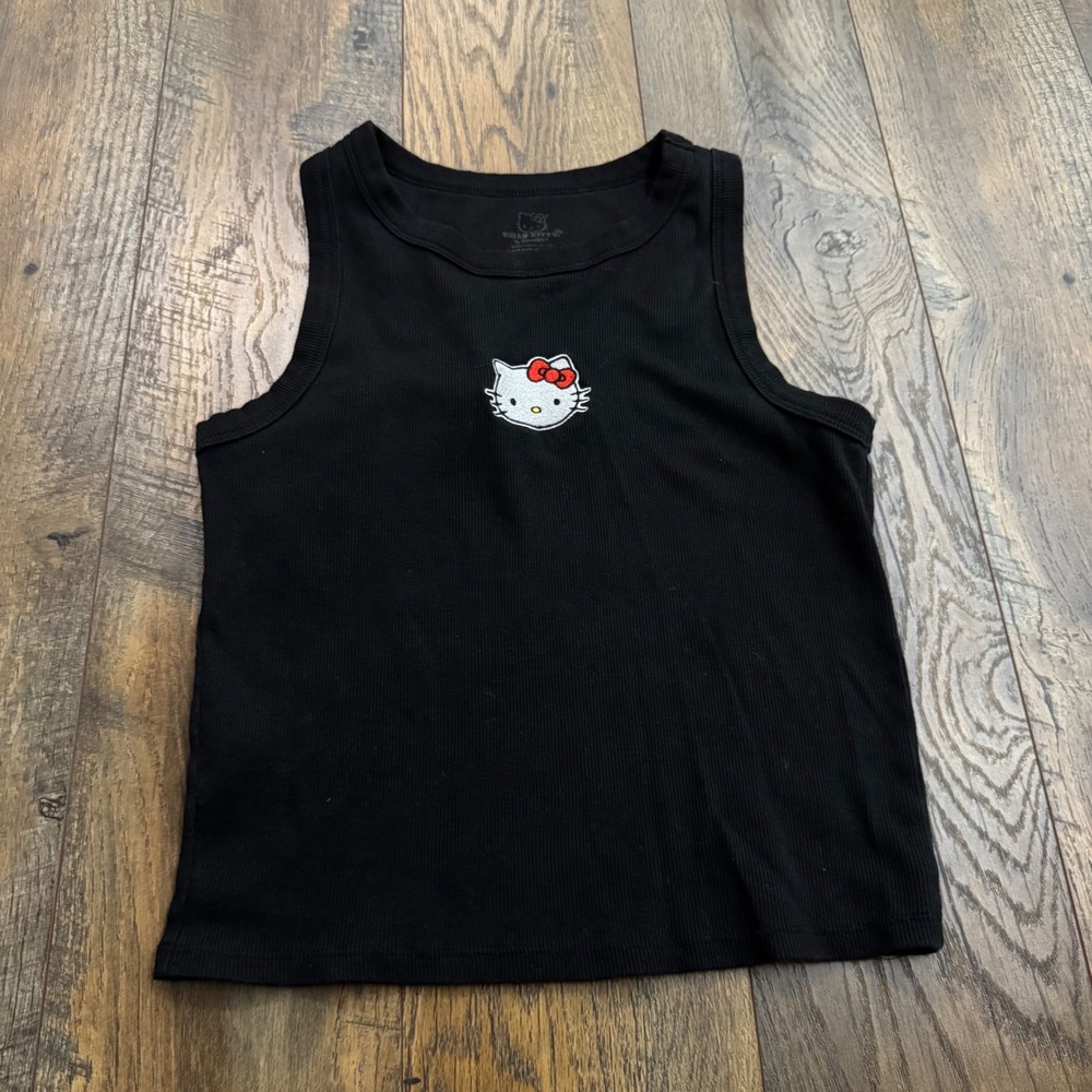 Hello Kitty Womens S Black‎ Ribbed Tank Top Kawaii Embroidered Logo Sanrio Y2K